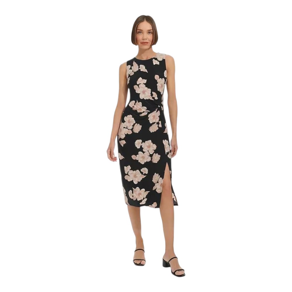Tommy‎ Hilfiger Floral Twist Front Sleeveless Jersey Midi Dress Black Size 6